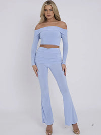 Baby Blue Slinky Off Shoulder Crop Top & Fold Over Flares Trousers Co-ord Set