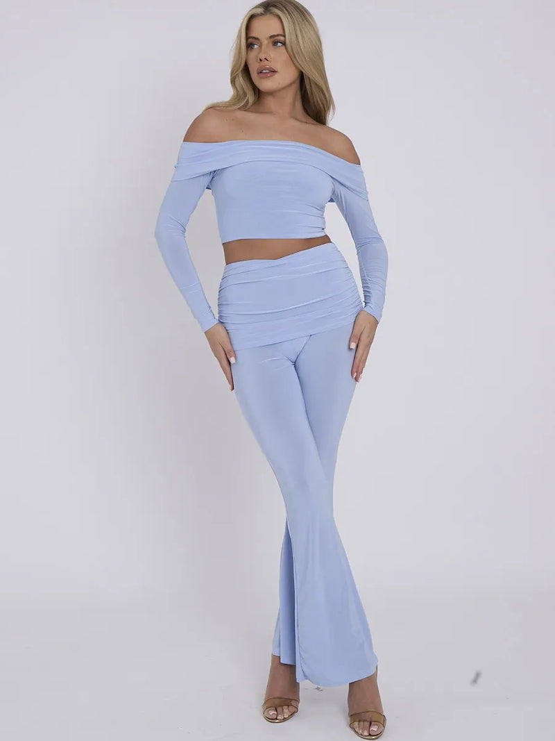 Baby Blue Slinky Off Shoulder Crop Top & Fold Over Flares Trousers Co-ord Set