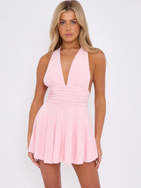 Baby Pink Slinky Halter Neck Frill Open Back Mini Dress