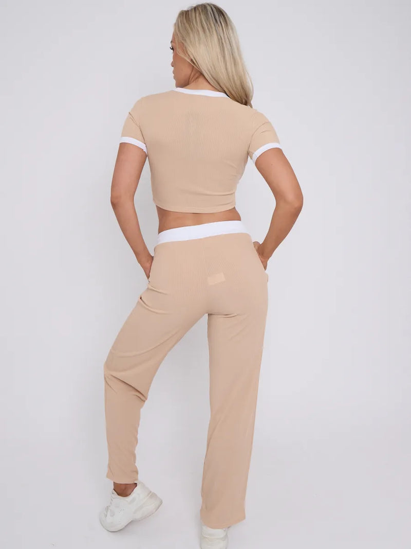 Beige Contrast Trim Ribbed Crop Top & Wide Leg Trousers Loungewear Co-ord Set 