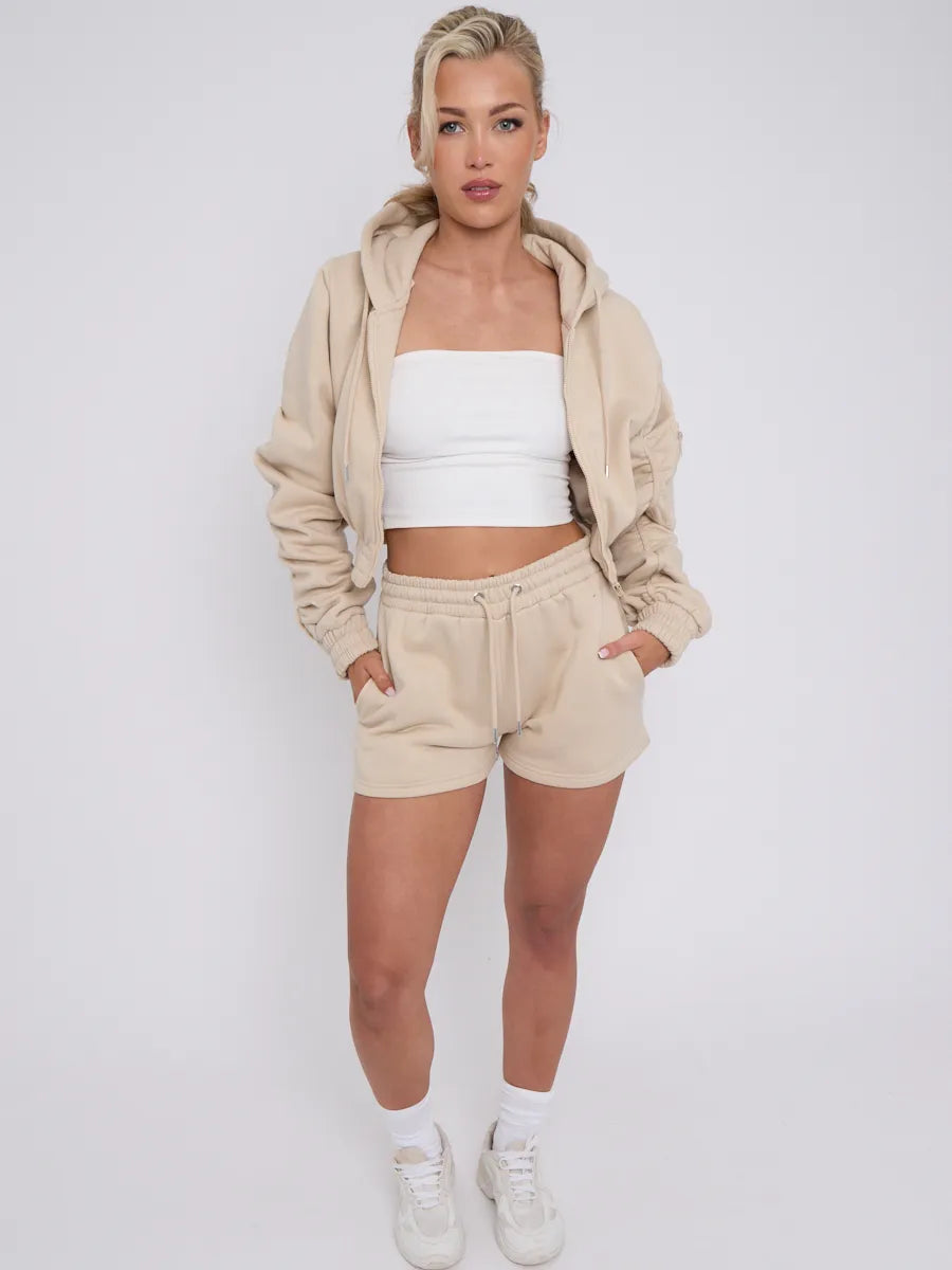 Beige Cropped Ruched Sleeve Hoodie & Shorts Loungewear Co-ord