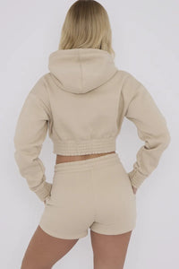 Beige Cropped Zip Up Hoodie & Shorts Loungewear Co-ord