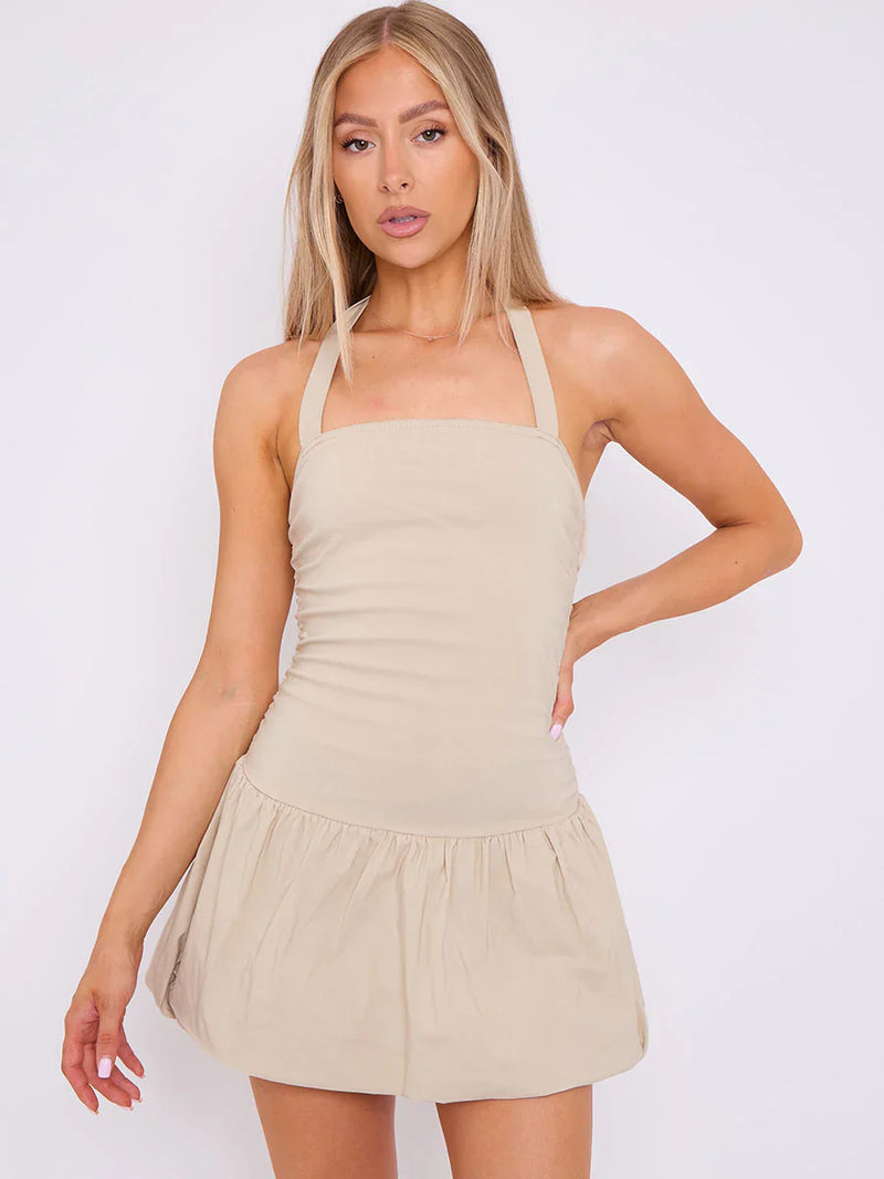 Beige Halter Puffed Hem Mini Balloon Dress