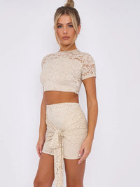 Beige Lace Crop Top & Mini Skirt Co-ord With Tie Knot Drape Detail