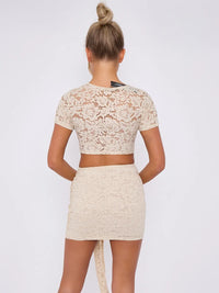 Beige Lace Crop Top & Mini Skirt Co-ord With Tie Knot Drape Detail