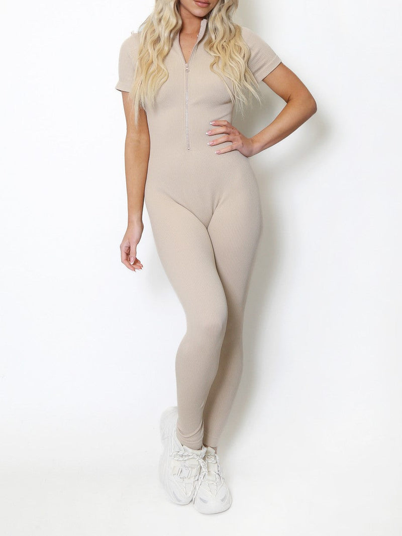 Beige Short Sleeves Zipped Ribbed Seamless Jumpsuit Unitard