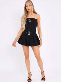 Black Bandeau Buckle Detail Pleated Mini Skort Dress