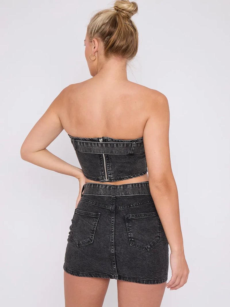 Black Belted Bandeau Crop Top & Mini Skirt Denim Co-ord