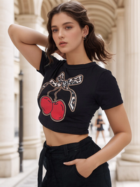 Black Bow Cherry Graphic Leopard Printed Crop Top