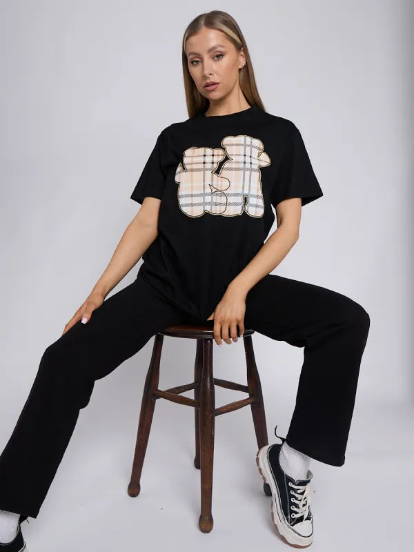 Black Check Teddy Bear Graphic T-Shirt