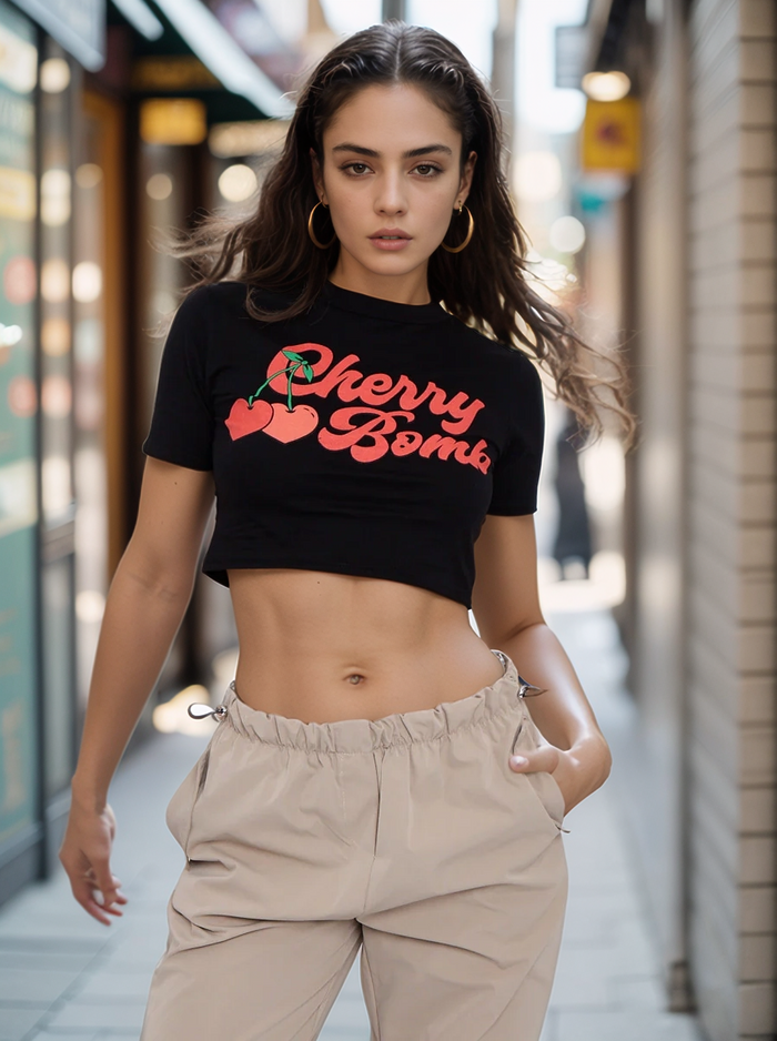 Black Cherry Bomb Graphic Printed Crop Top