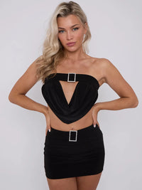 Black Diamante Buckle Bandeau Crop Top & Mini Skirt Co-ord