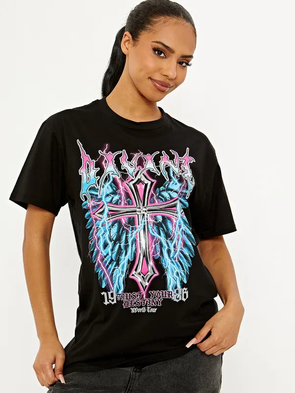 Black Divine Cross Graphic Printed T-Shirt