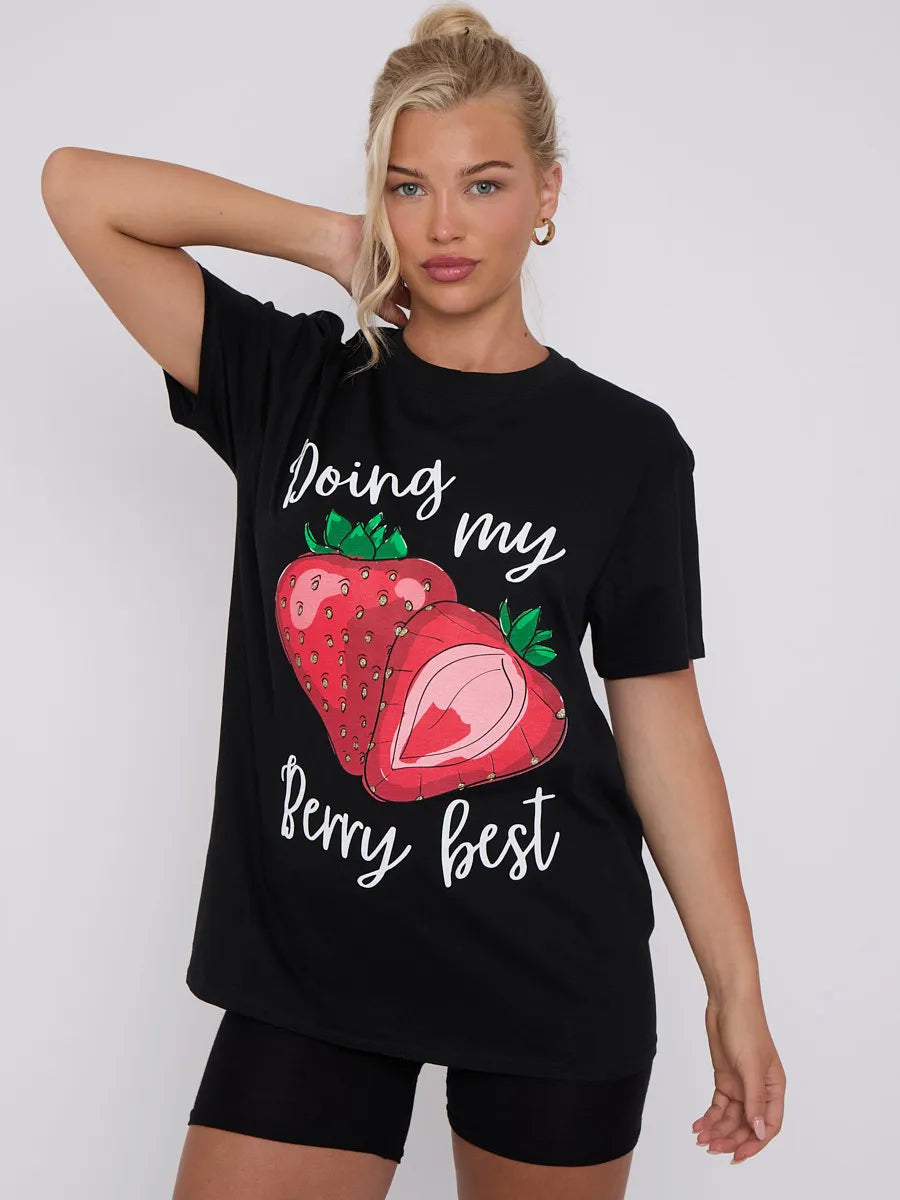 Black Doing My Berry Best Graphic Printed T-Shirt