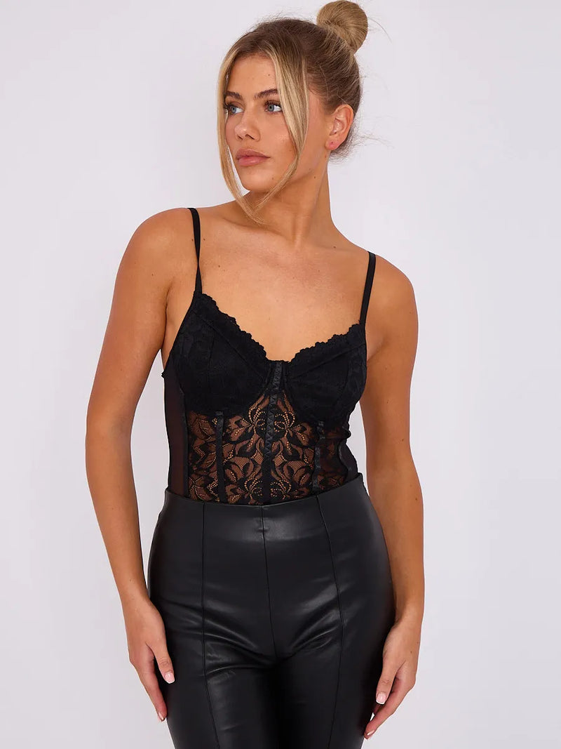 Black Lace Detail Corset Style Mesh Bodysuit