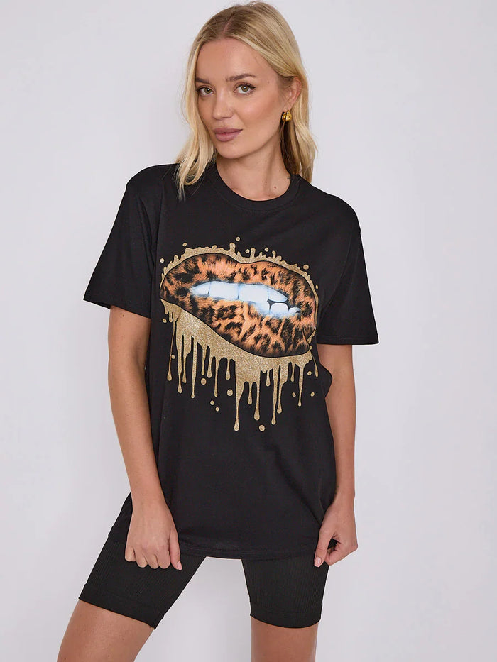 Black Leopard Print Gold Drip Lip Graphic T-Shirt