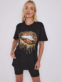 Black Leopard Print Gold Drip Lip Graphic T-Shirt