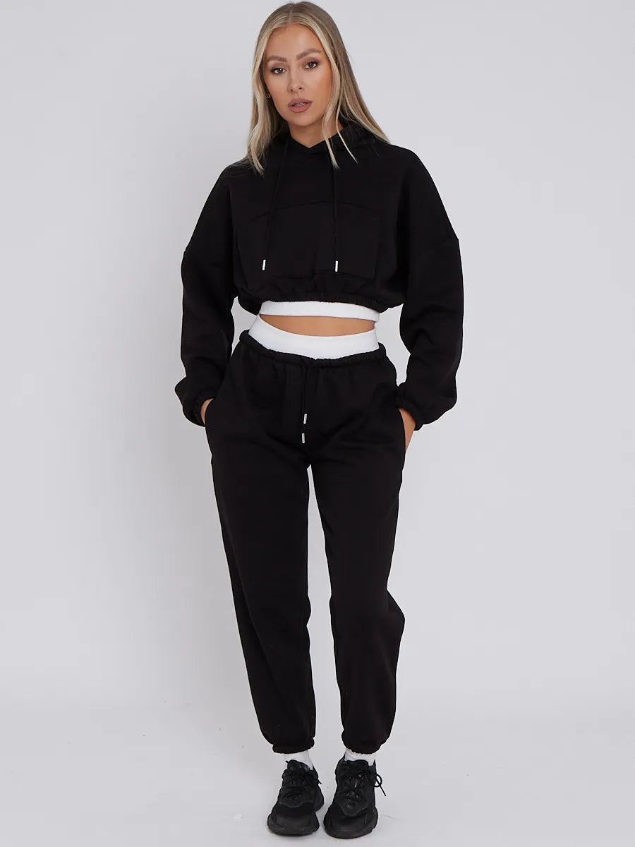 Black Rib Trim Detail Cropped Hoodie & Joggers Loungewear Set