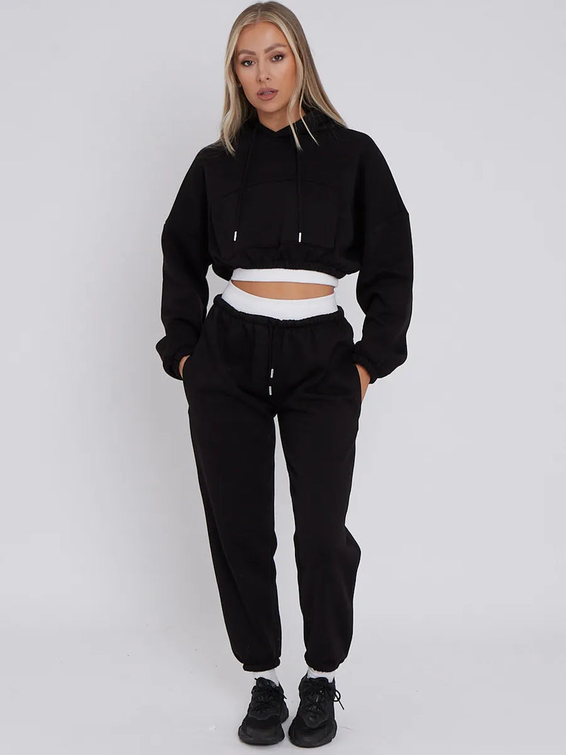 Black Rib Trim Detail Cropped Hoodie & Joggers Loungewear Set