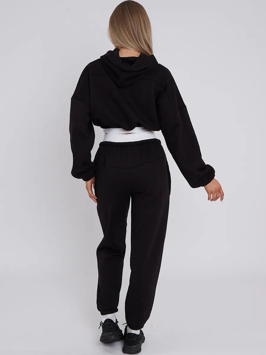 Black Rib Trim Detail Cropped Hoodie & Joggers Loungewear Set