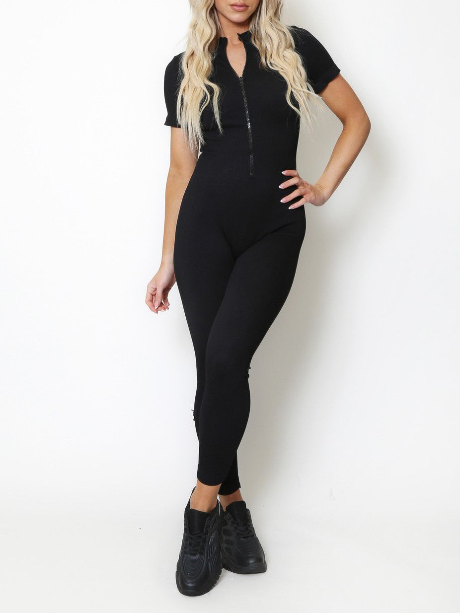 Black Short Sleeves Zipped Ribbed Seamless Jumpsuit Unitard