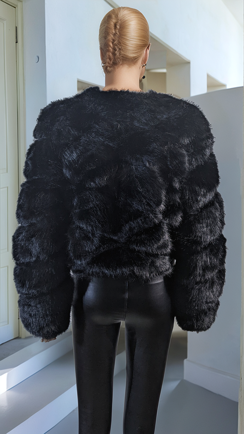 Black Thick Faux Fur Paneled Layered Jacket