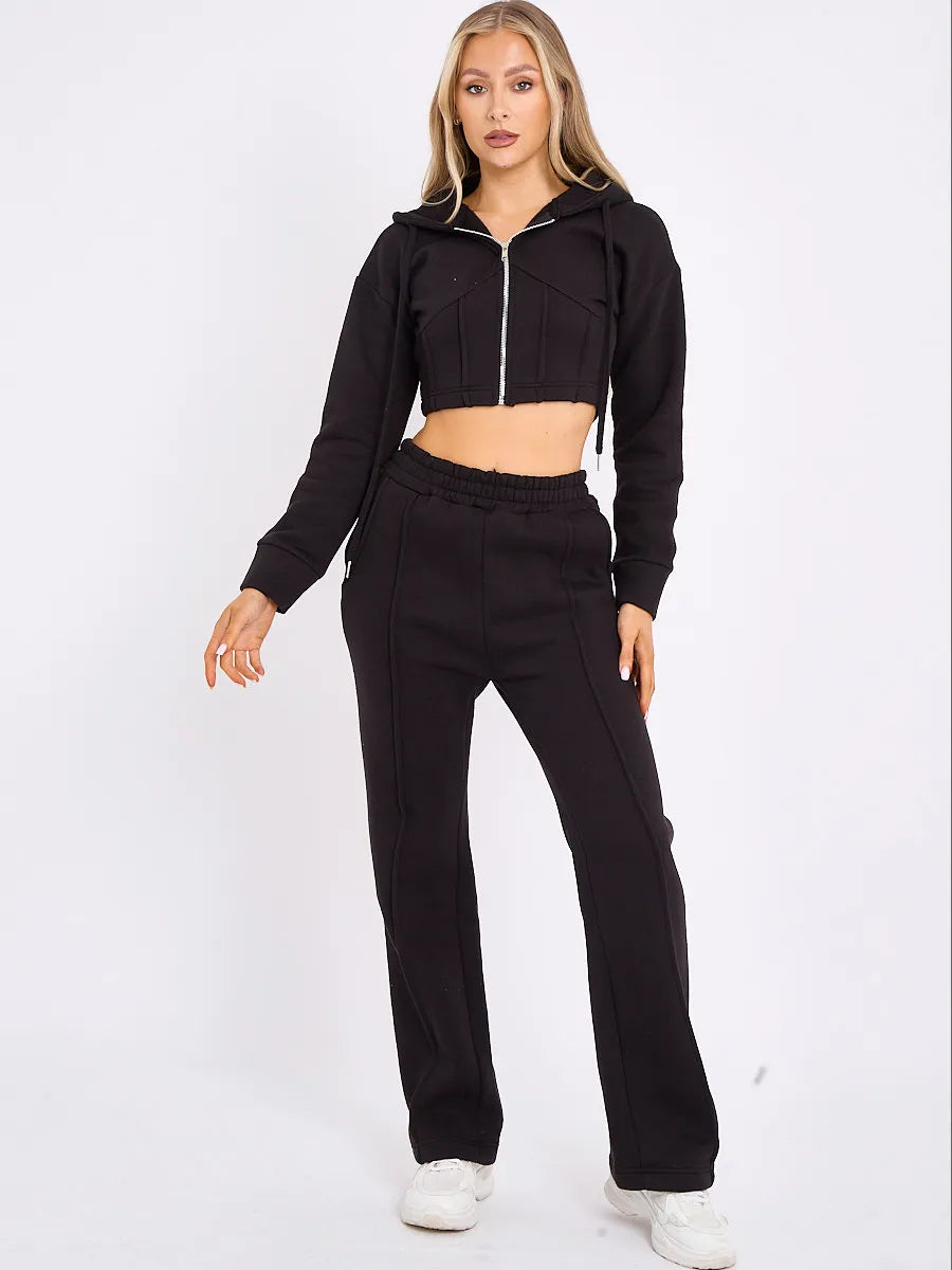 Black Zip Up Cropped Hoodie & Wide Leg Joggers Loungewear Set