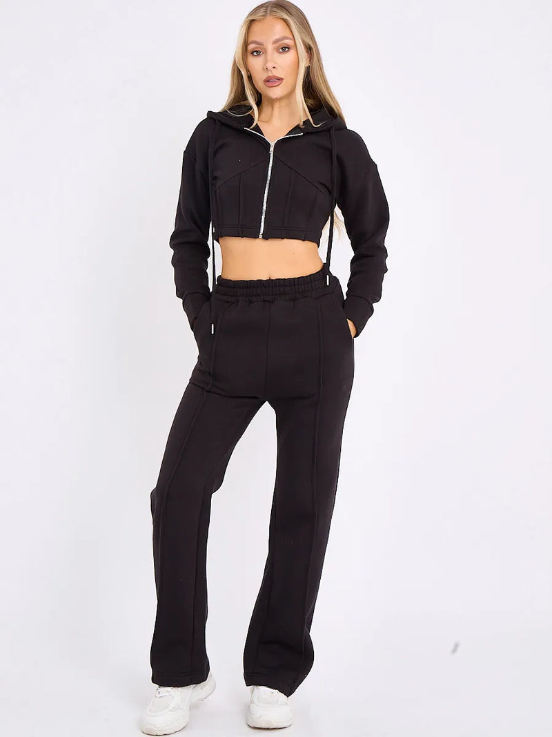 Black Zip Up Cropped Hoodie & Wide Leg Joggers Loungewear Set