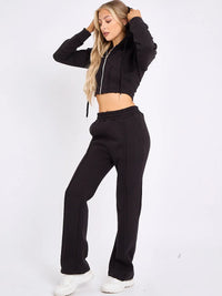 Black Zip Up Cropped Hoodie & Wide Leg Joggers Loungewear Set