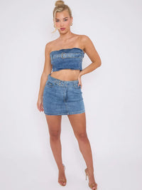 Blue Belted Bandeau Crop Top & Mini Skirt Denim Co-ord