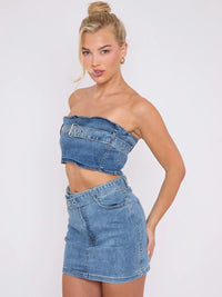 Blue Belted Bandeau Crop Top & Mini Skirt Denim Co-ord