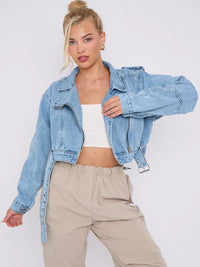 Blue Cropped Zip Up Biker Denim Jacket