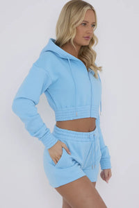 Blue Cropped Zip Up Hoodie & Shorts Loungewear Co-ord