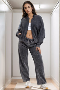 Charcoal Grey Acid Wash Oversized Bomber Zipper Loungewear Co-ord