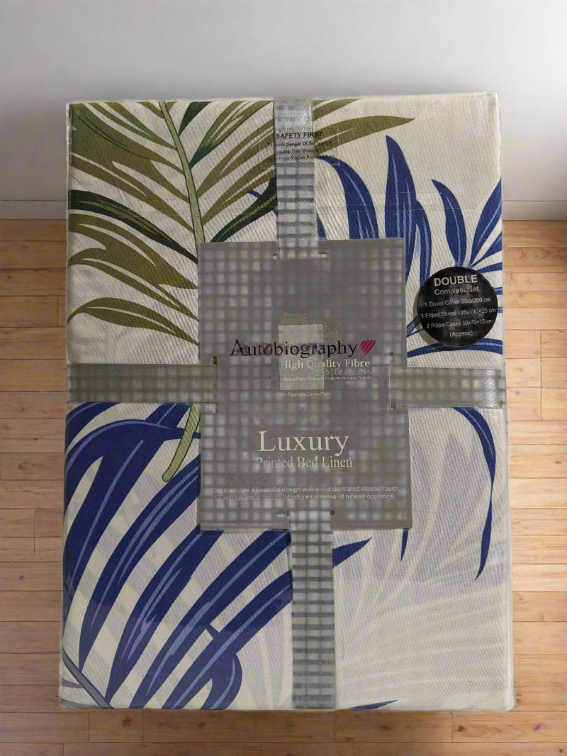 Cream & Blue Leaf Print Luxury Microfibre Double Complete Duvet Cover Set