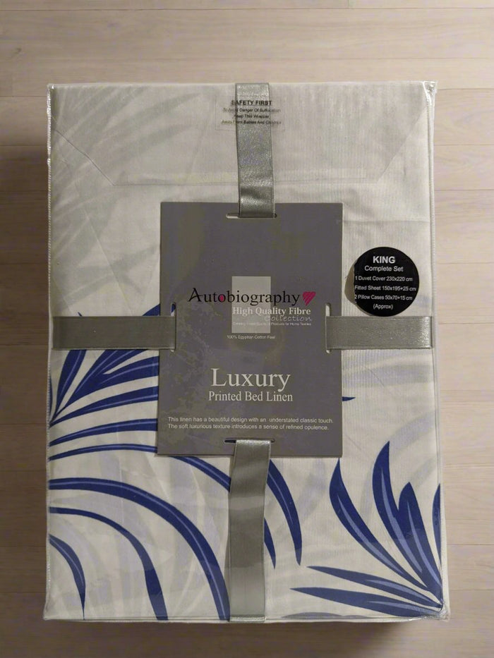 Cream & Blue Leaf Print Luxury Microfibre King Complete Duvet Cover Set