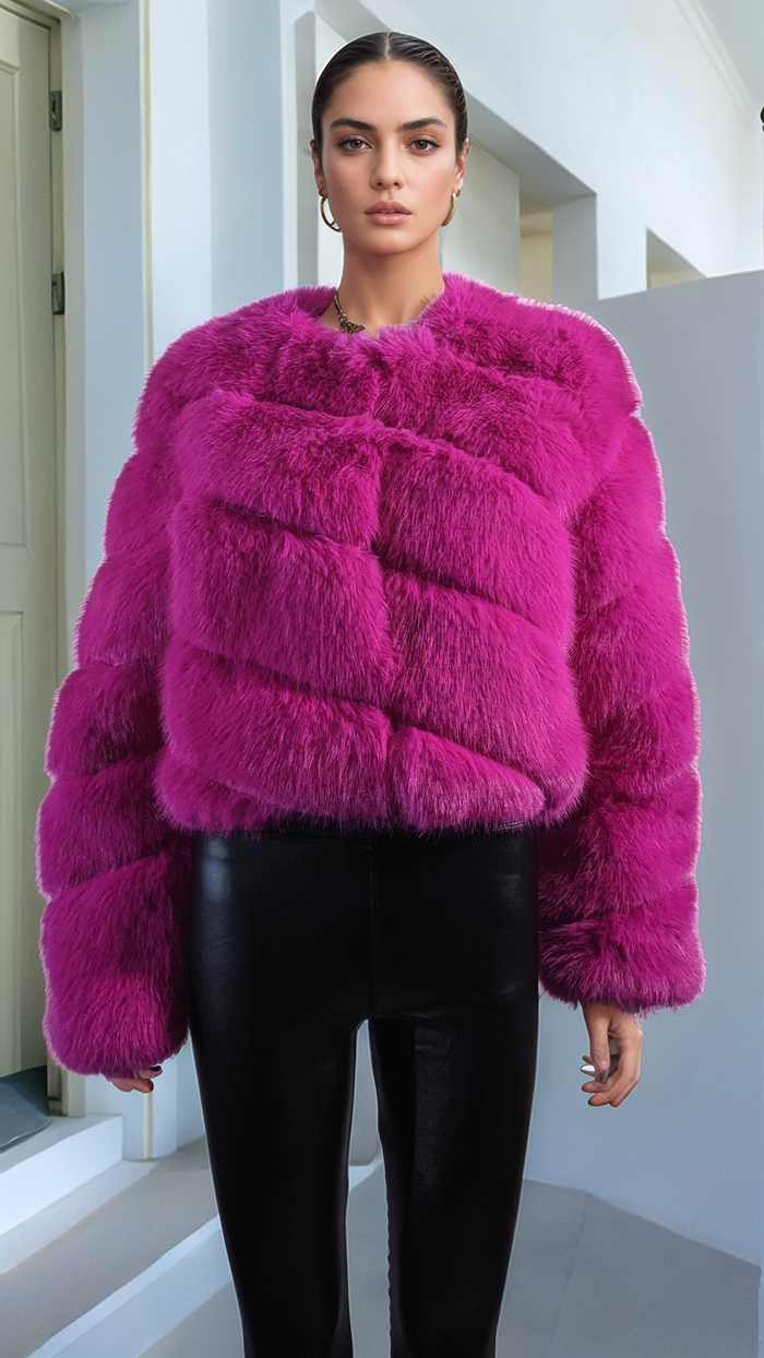 Hot Pink Thick Faux Fur Paneled Layered Jacket