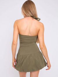 Khaki Green Halter Puffed Hem Mini Balloon Dress