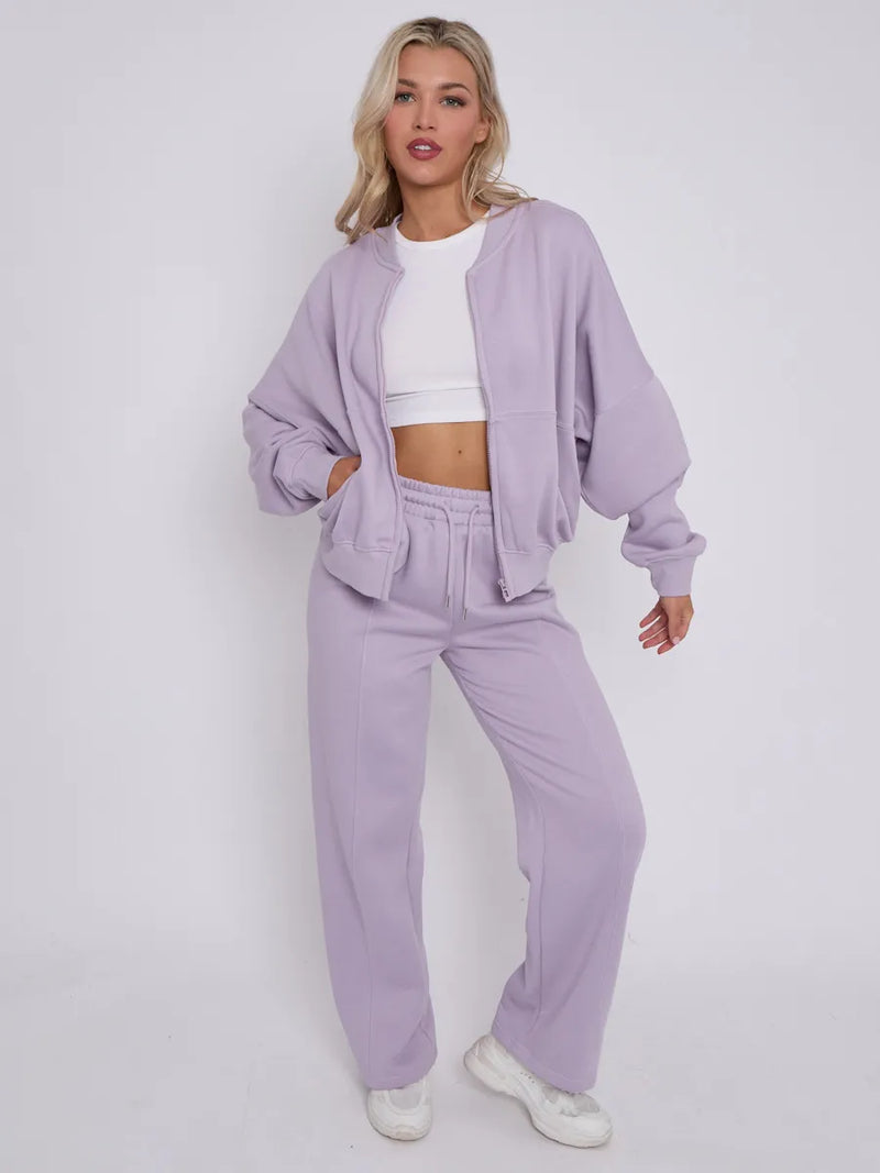 Lilac Bomber Style Jacket & Wide Leg Bottoms Co-ord Loungewear Set