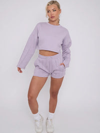 Lilac Seam Detail Oversized Crop Jumper & Shorts Loungewear Co-ord