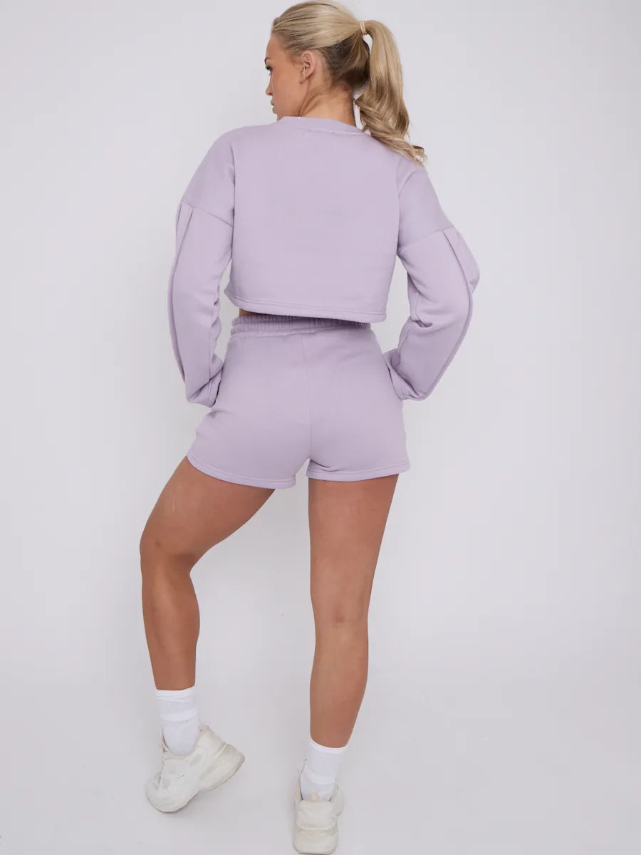 Lilac Seam Detail Oversized Crop Jumper & Shorts Loungewear Co-ord