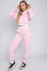 Pink Rib Trim Detail Cropped Hoodie & Joggers Loungewear Set