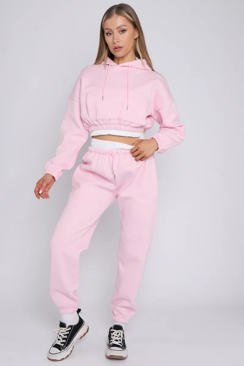 Pink Rib Trim Detail Cropped Hoodie & Joggers Loungewear Set