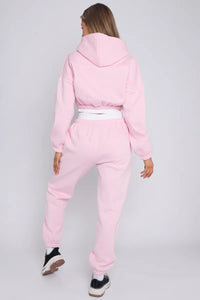 Pink Rib Trim Detail Cropped Hoodie & Joggers Loungewear Set