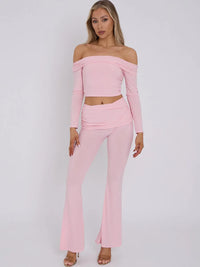 Pink Slinky Off Shoulder Crop Top & Fold Over Flares Trousers Co-ord Set