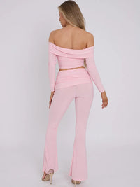 Pink Slinky Off Shoulder Crop Top & Fold Over Flares Trousers Co-ord Set