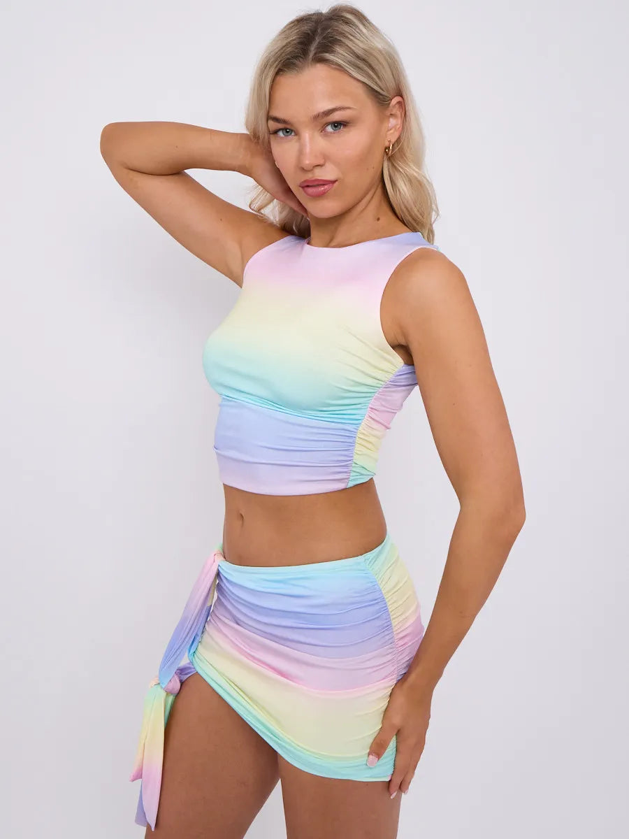 Pink Tie-Dye Print Ruched Crop Top & Sash Mini Skirt Co-ord