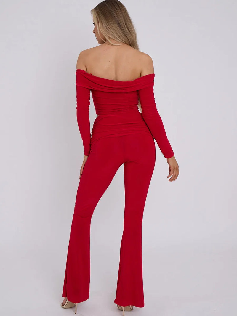 Red Slinky Off Shoulder Crop Top & Fold Over Flares Trousers Co-ord Set