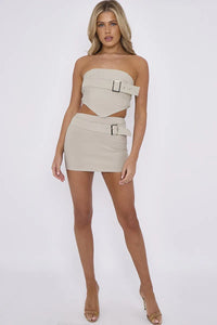 Stone Cargo Buckle Detail Bandeau Crop Top & Mini Skirt Co-ord