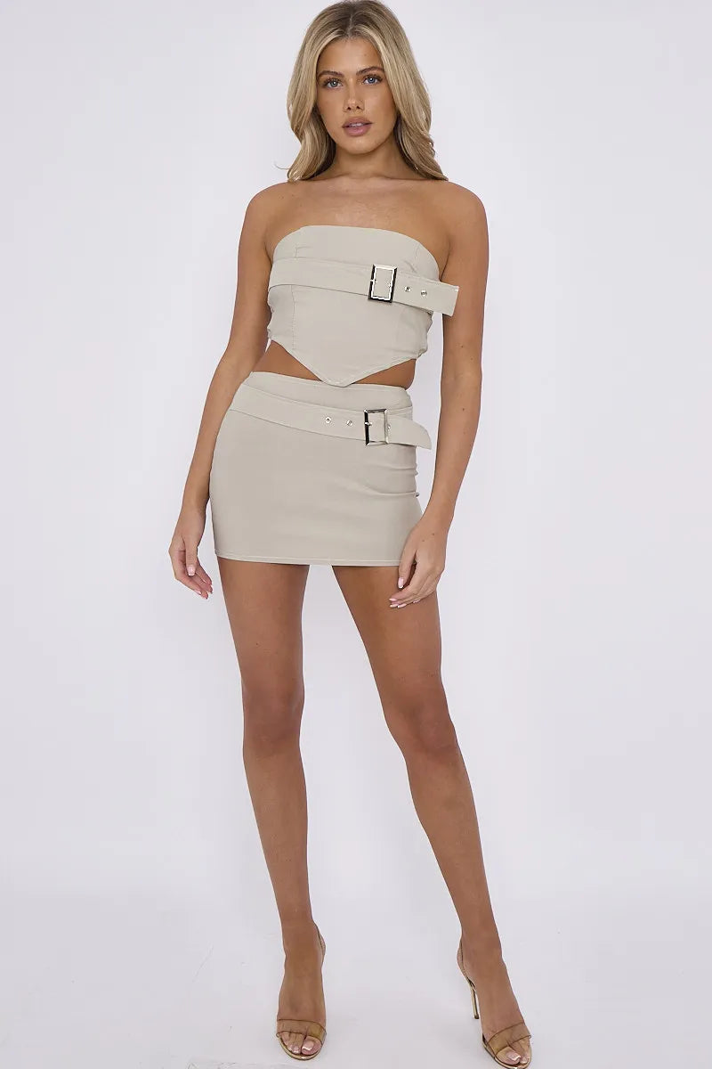 Stone Cargo Buckle Detail Bandeau Crop Top & Mini Skirt Co-ord